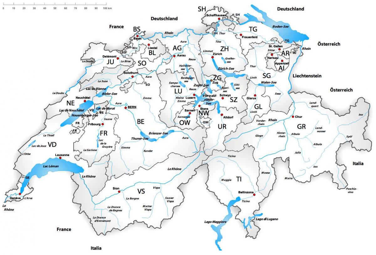 Rios no mapa da Suíça